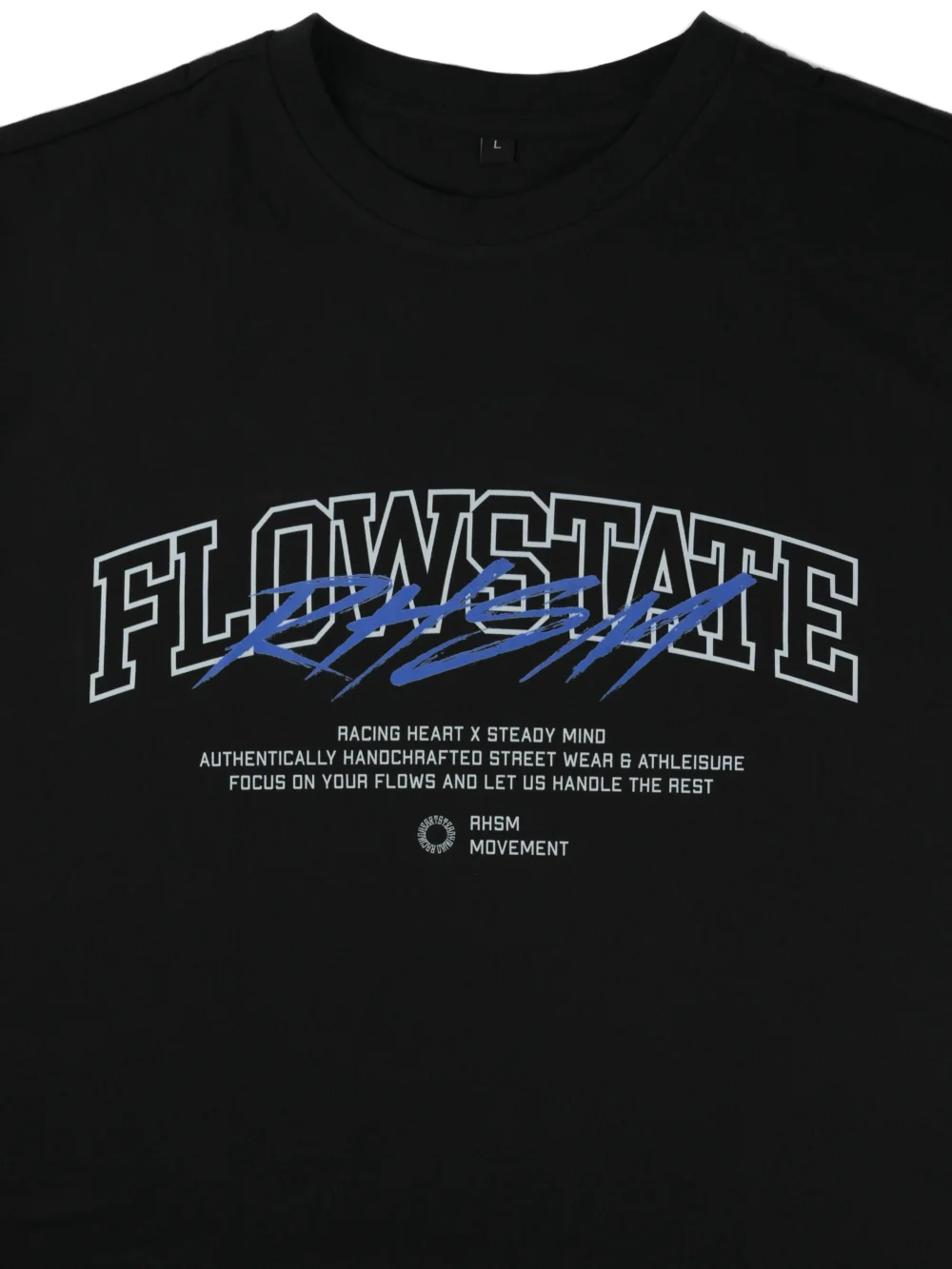 A detailed close-up of the intricate screen-printed graphic on the front of the black RHSM Flowstate Tee.