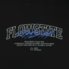 A detailed close-up of the intricate screen-printed graphic on the front of the black RHSM Flowstate Tee.