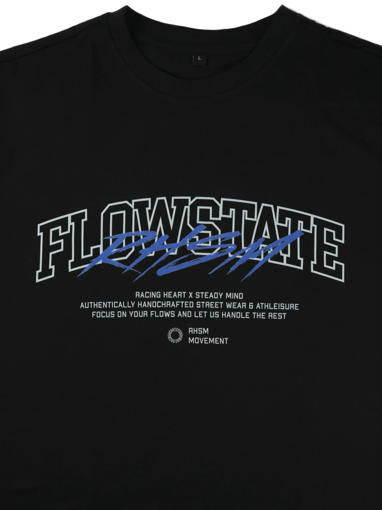 A detailed close-up of the intricate screen-printed graphic on the front of the black RHSM Flowstate Tee.