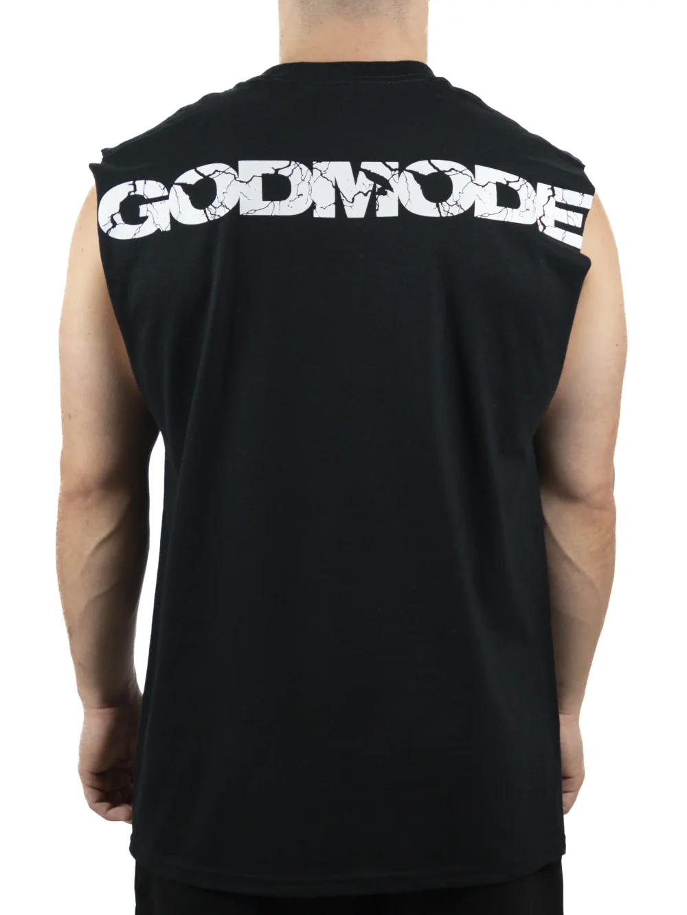 Back view of a model wearing the black RHSM Godmode Tank Top, showing the "GODMODE" graphic.