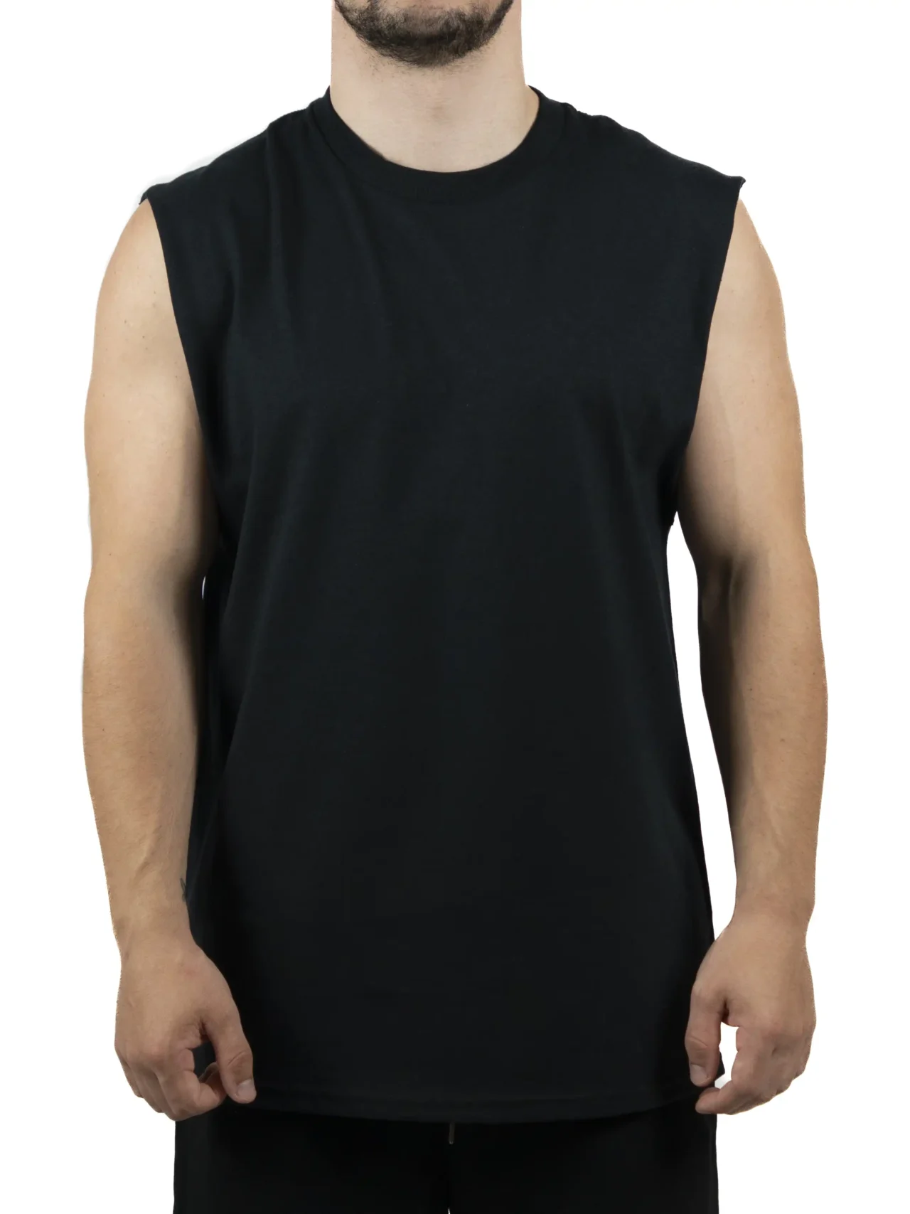 Front view of a model wearing the black RHSM Godmode Tank Top, highlighting its athletic cut-off style.