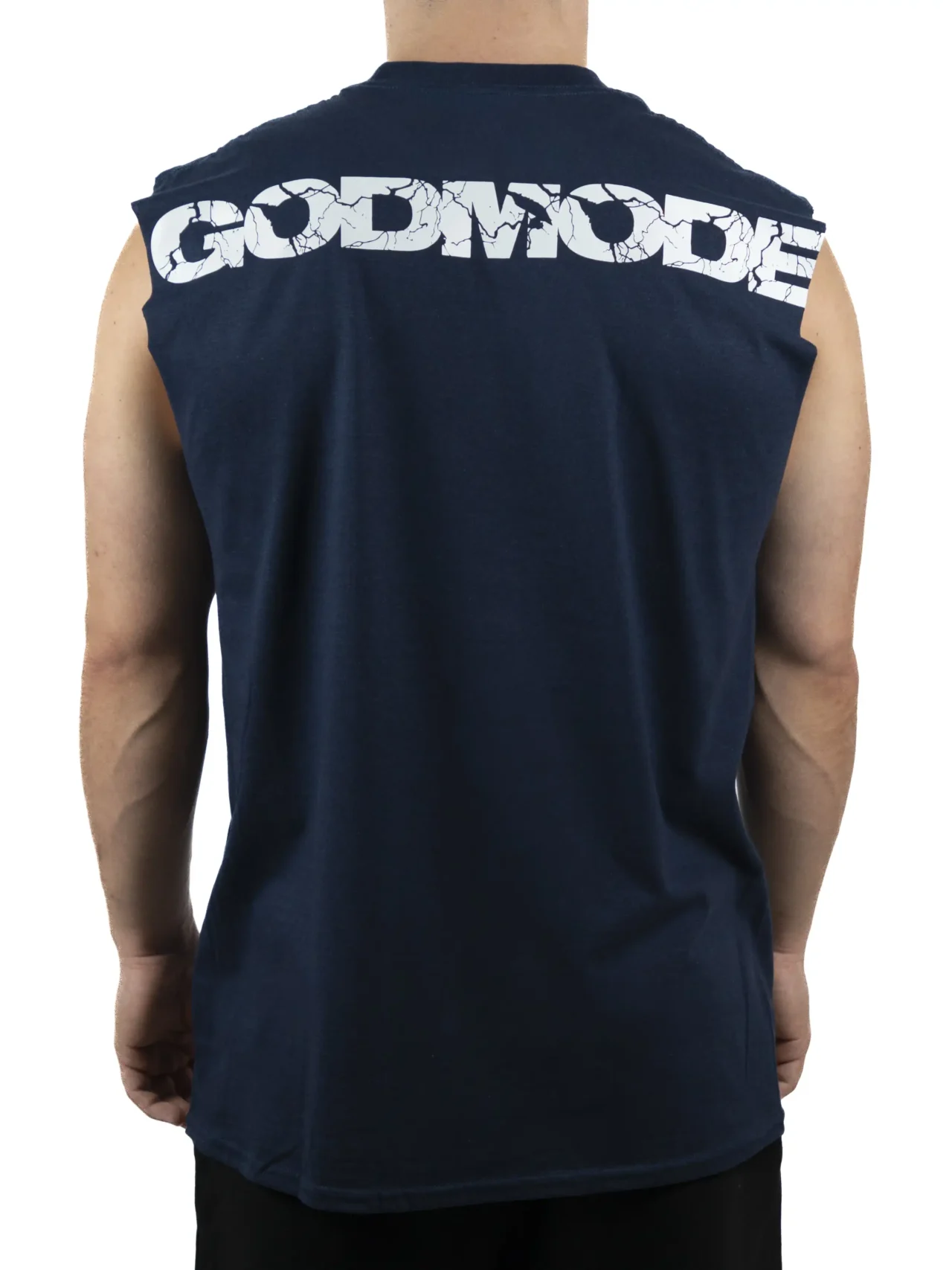 Back view of a model wearing the blue RHSM Godmode Tank Top, showing the "GODMODE" graphic.