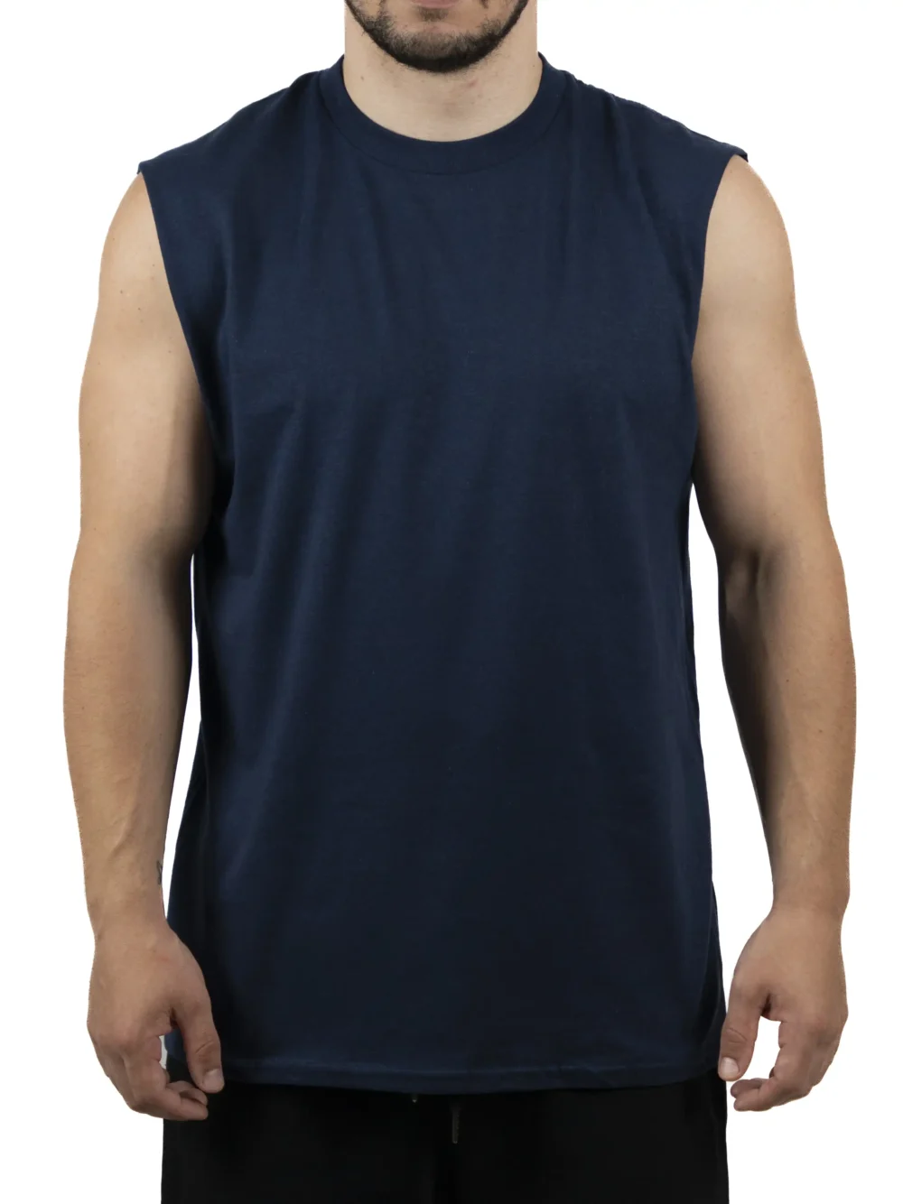 Front view of a model wearing the blue RHSM Godmode Tank Top, highlighting its athletic cut-off style.