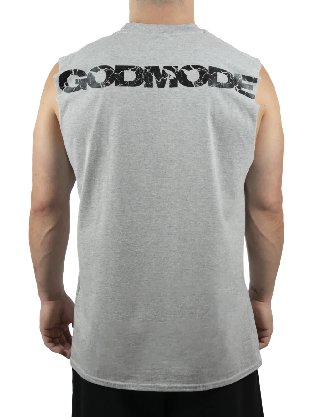 Back view of a model wearing the gray RHSM Godmode Tank Top, showing the "GODMODE" graphic.