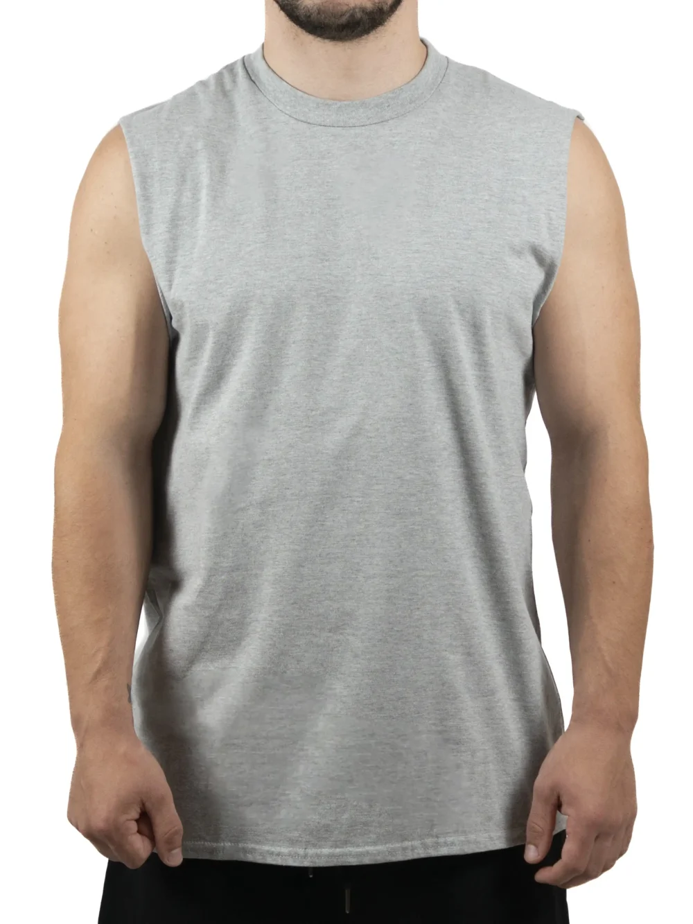 Front view of a model wearing the gray RHSM Godmode Tank Top, highlighting its athletic cut-off style.