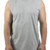 Front view of a model wearing the gray RHSM Godmode Tank Top, highlighting its athletic cut-off style.