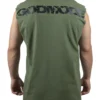 Back view of a model wearing the khaki RHSM Godmode Tank Top, showing the "GODMODE" graphic.