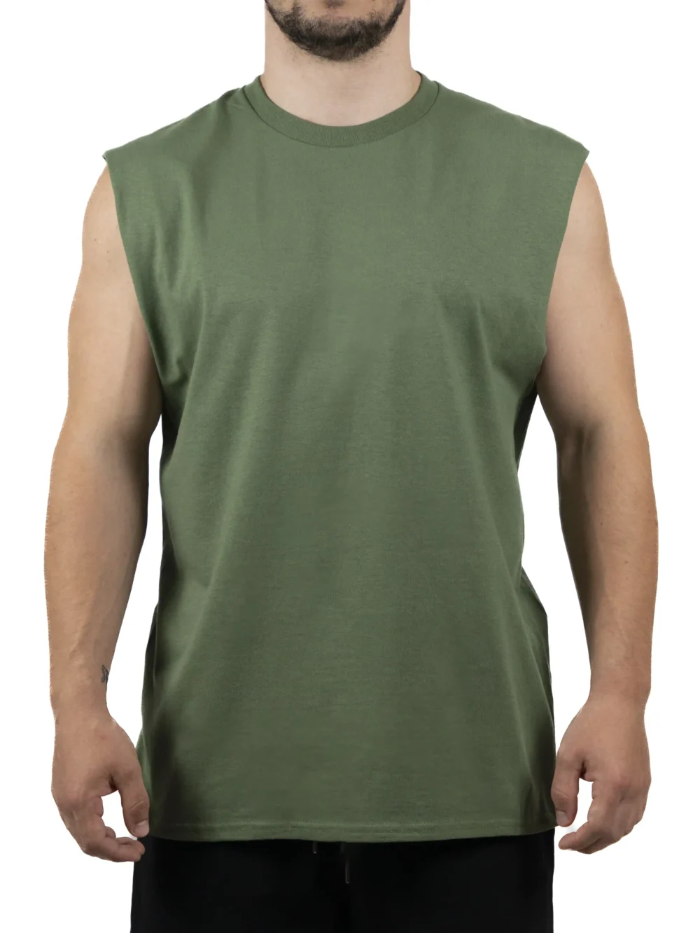 Front view of a model wearing the khaki RHSM Godmode Tank Top, highlighting its athletic cut-off style.