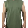 Front view of a model wearing the khaki RHSM Godmode Tank Top, highlighting its athletic cut-off style.