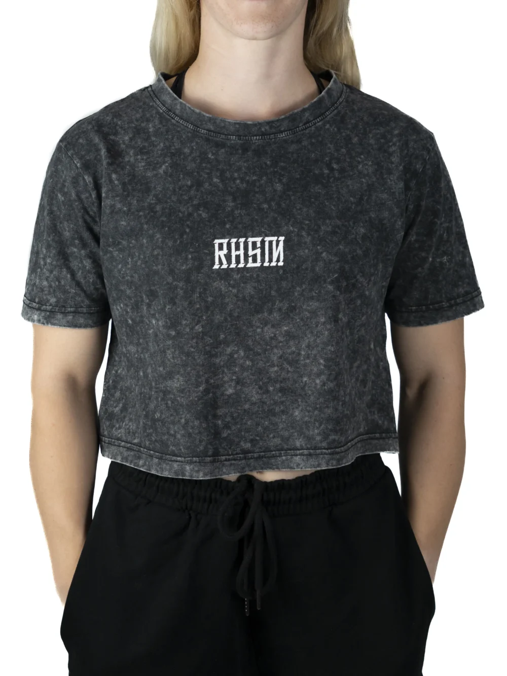 Front view of a model wearing the RHSM Acid Wash Crop-Top, highlighting its oversized fit and cropped length.