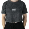 Front view of a model wearing the RHSM Acid Wash Crop-Top, highlighting its oversized fit and cropped length.