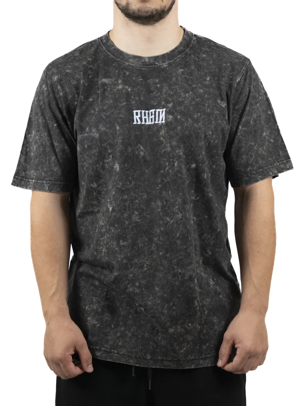 Front view of a model wearing the RHSM Acid Wash Tee, highlighting its oversized streetwear style.