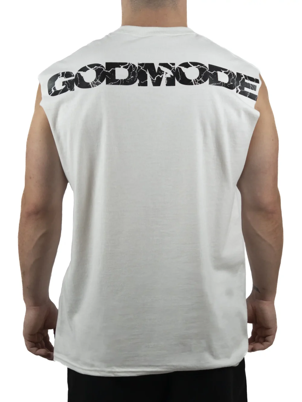 Back view of a model wearing the white RHSM Godmode Tank Top, showing the "GODMODE" graphic.