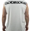 Back view of a model wearing the white RHSM Godmode Tank Top, showing the "GODMODE" graphic.