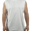 Front view of a model wearing the white RHSM Godmode Tank Top, highlighting its athletic cut-off style.