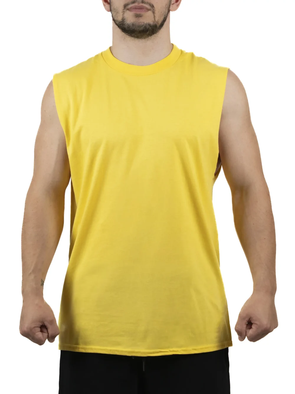 Front view of a model wearing the yellow RHSM Godmode Tank Top, highlighting its athletic cut-off style.