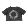 The back of the RHSM Acid Wash Crop-Top laid flat, showcasing the "Racing Heart Steady Mind" graphic.