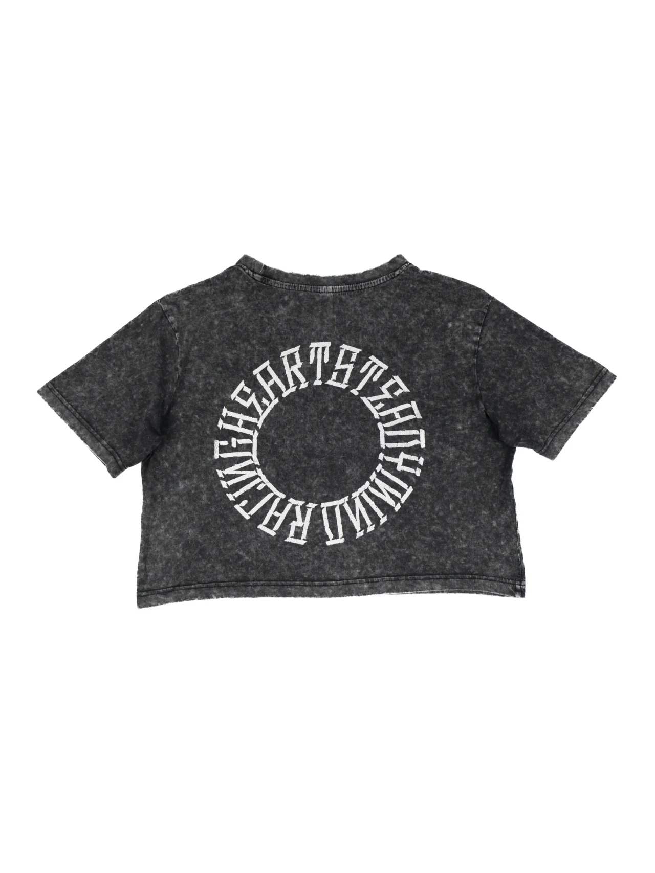 The back of the RHSM Acid Wash Crop-Top laid flat, showcasing the "Racing Heart Steady Mind" graphic.
