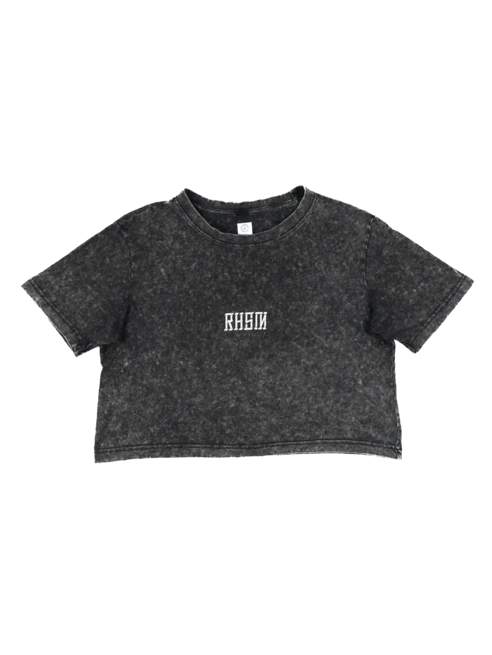 The RHSM Acid Wash Crop-Top laid flat, showing the unique acid wash pattern and oversized front design.