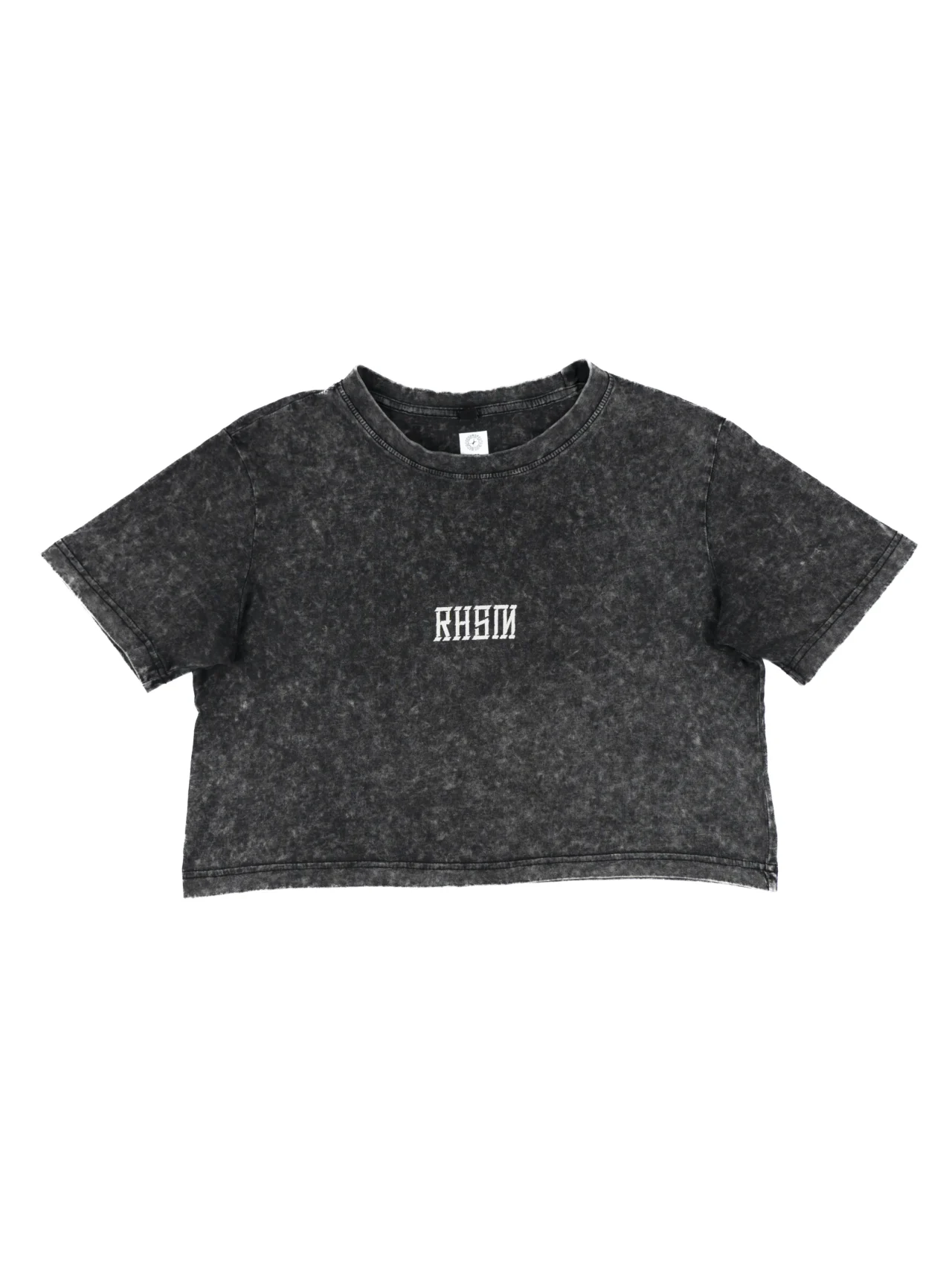 The RHSM Acid Wash Crop-Top laid flat, showing the unique acid wash pattern and oversized front design.