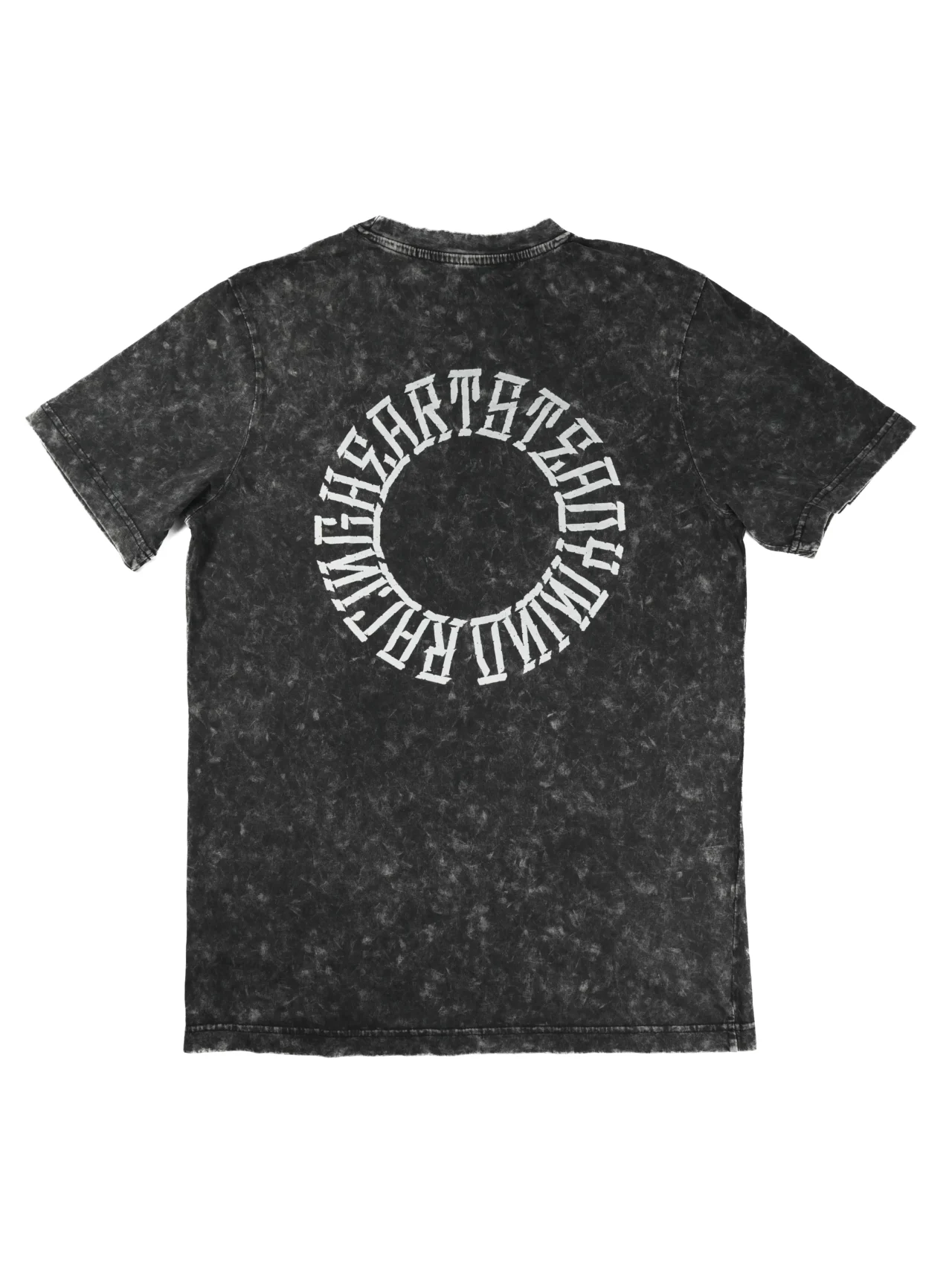 The back of the RHSM Acid Wash Tee laid flat, displaying the "Racing Heart Steady Mind" graphic.