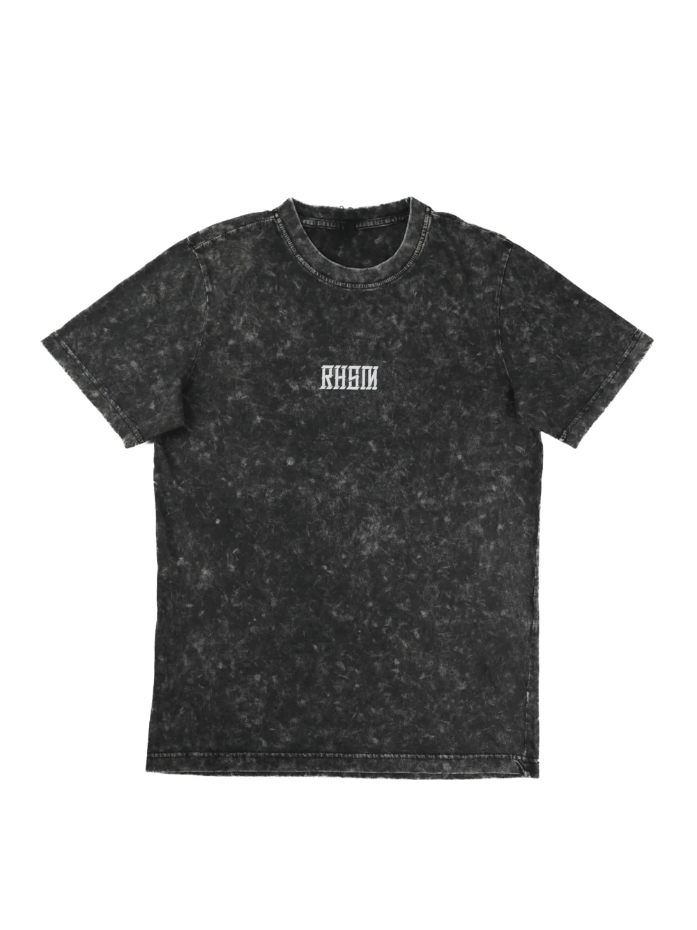 The RHSM Acid Wash Tee laid flat, showcasing the unique acid wash pattern and oversized fit.