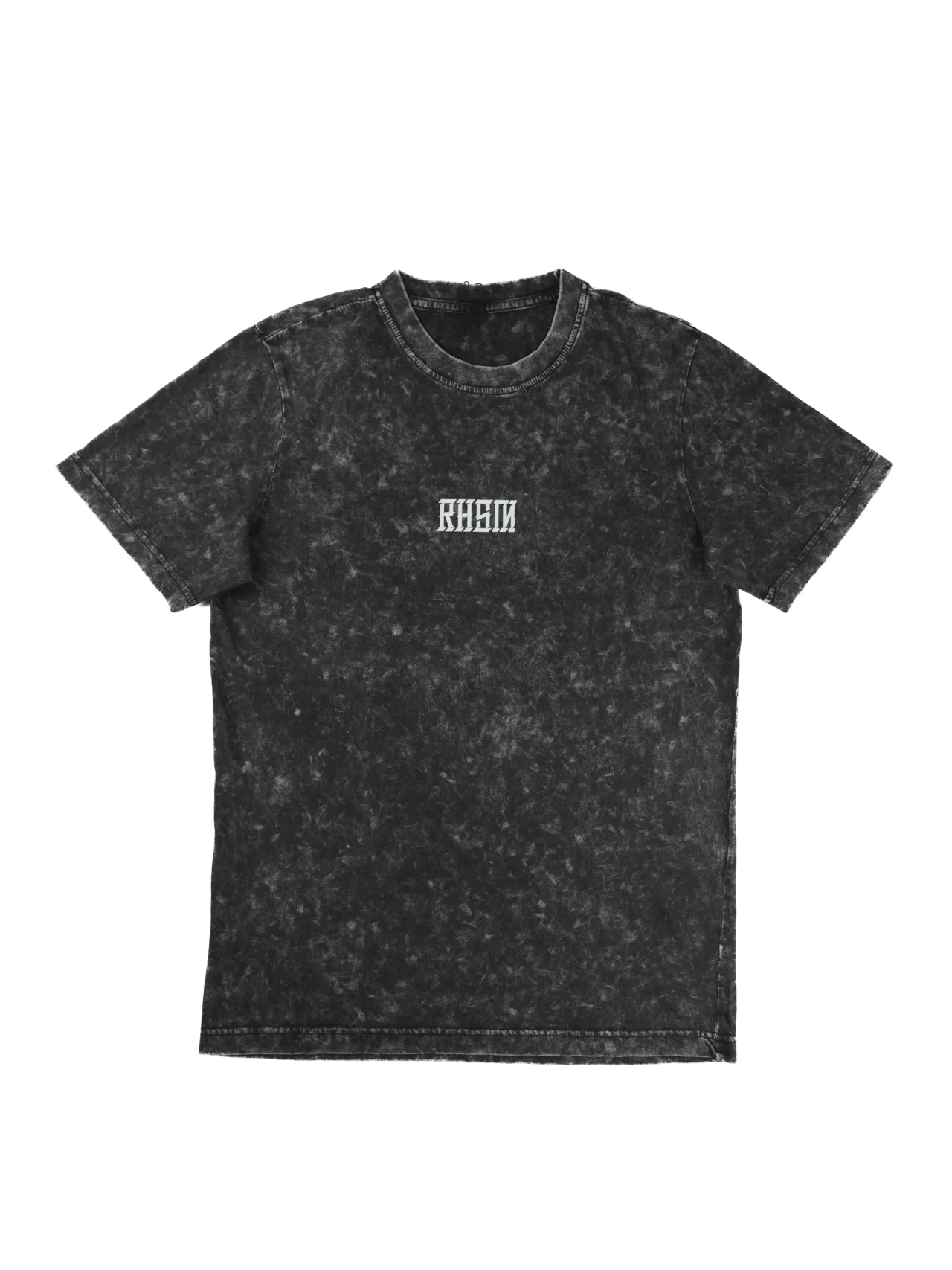 The RHSM Acid Wash Tee laid flat, showcasing the unique acid wash pattern and oversized fit.
