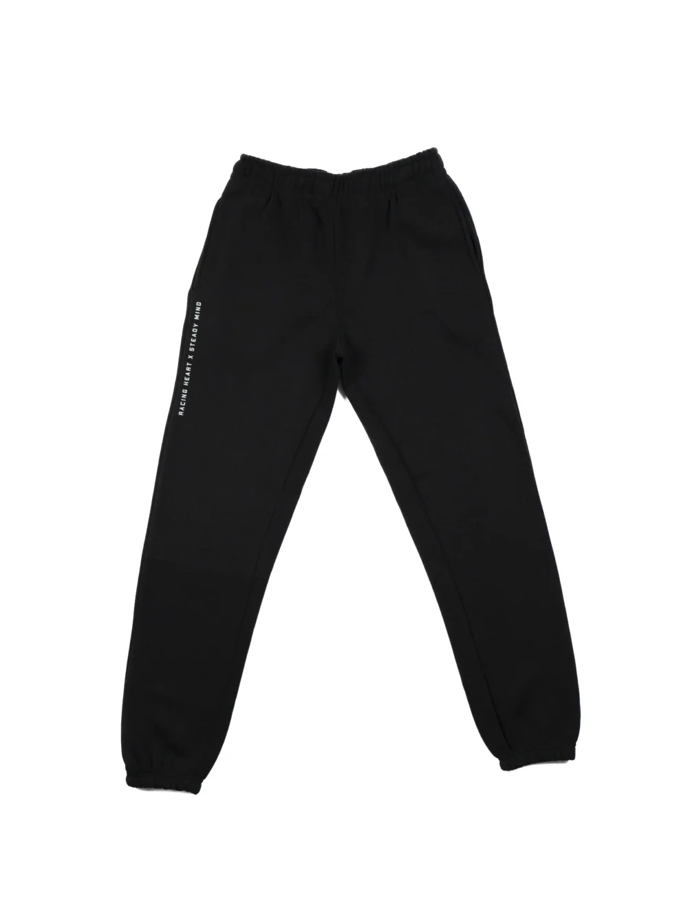 The black RHSM Classic Fit Sweatpants laid flat, showing the front design and deep pockets.