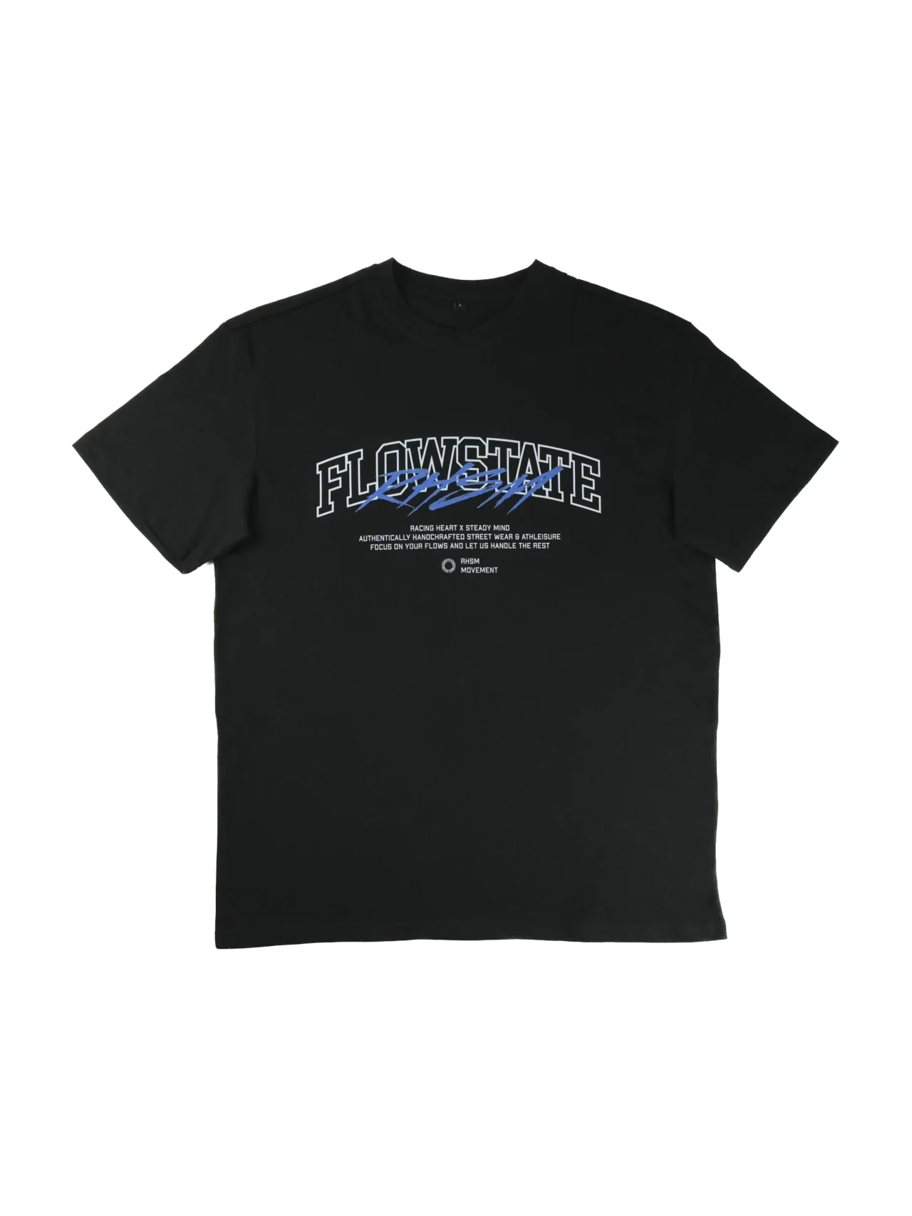 The black RHSM Flowstate Tee laid flat to show the full screen-printed graphic design and oversized fit.