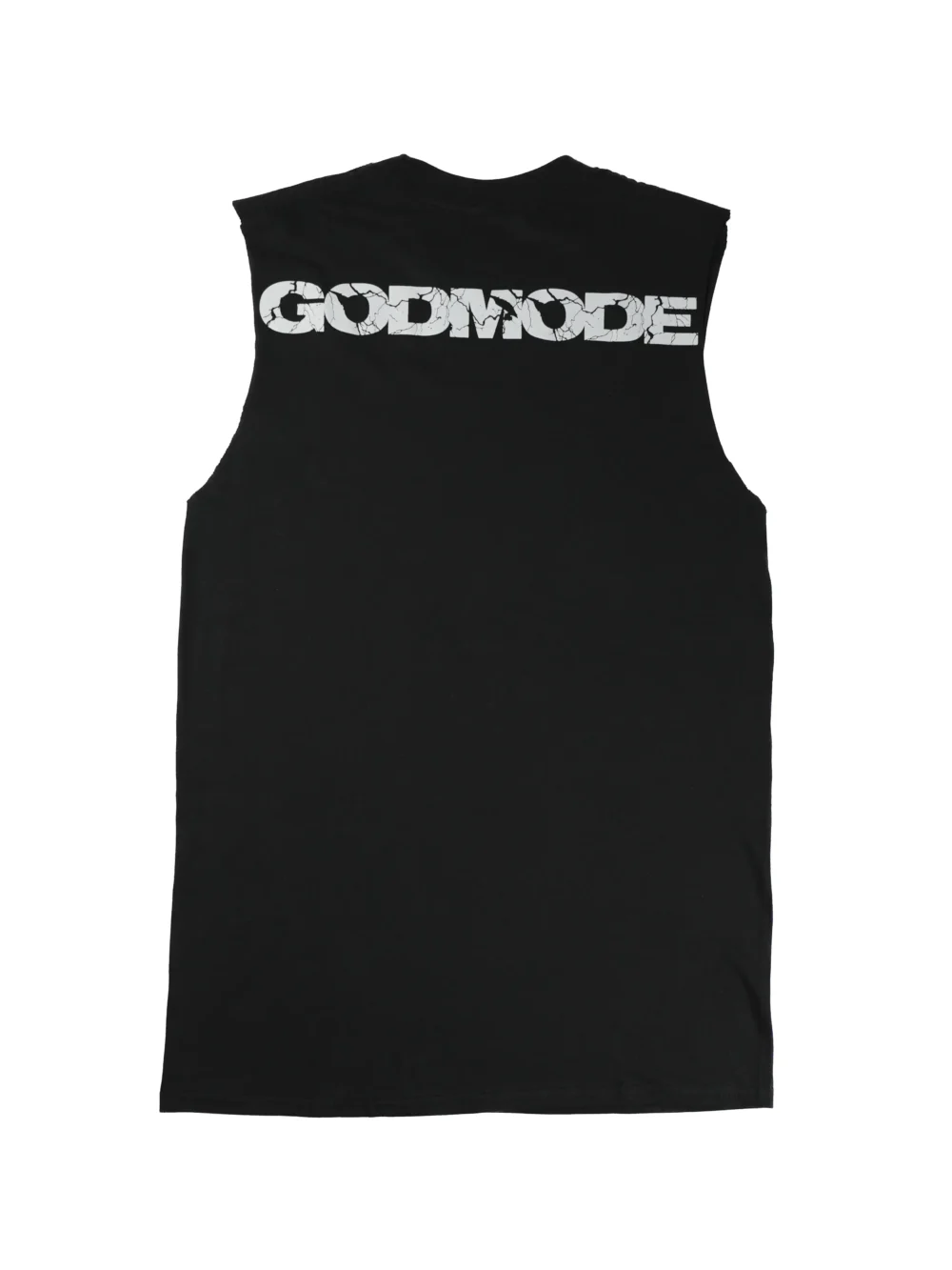 The back of the black RHSM Godmode Tank Top laid flat, showcasing the "GODMODE" graphic.