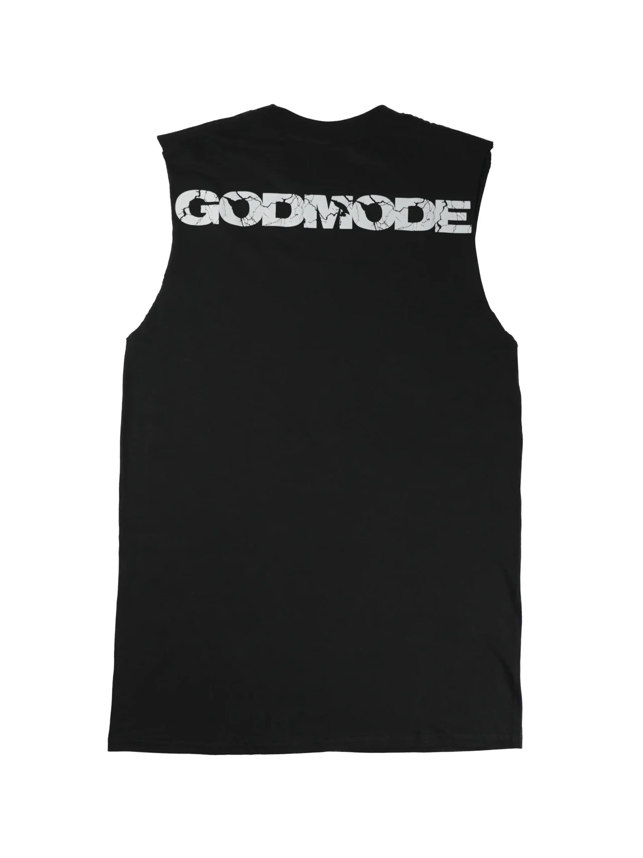 The back of the black RHSM Godmode Tank Top laid flat, showcasing the "GODMODE" graphic.