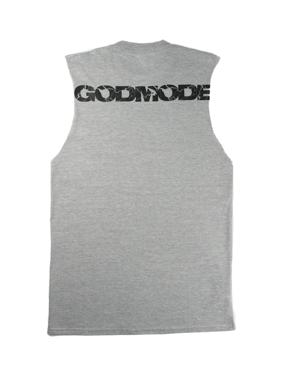 The back of the gray RHSM Godmode Tank Top laid flat, showcasing the "GODMODE" graphic.