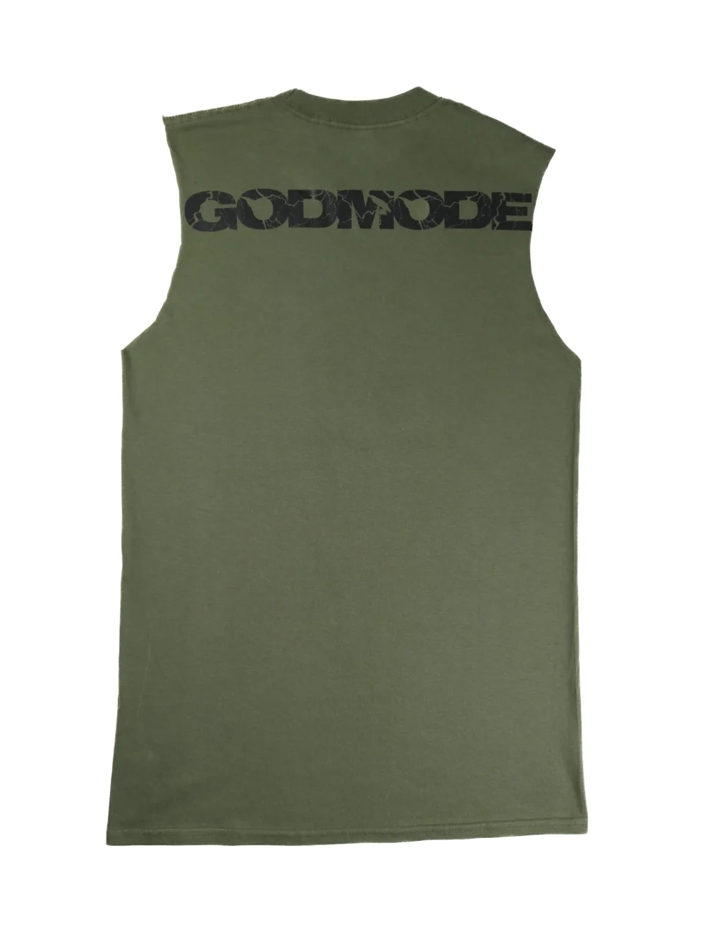 The back of the khaki RHSM Godmode Tank Top laid flat, showcasing the "GODMODE" graphic.