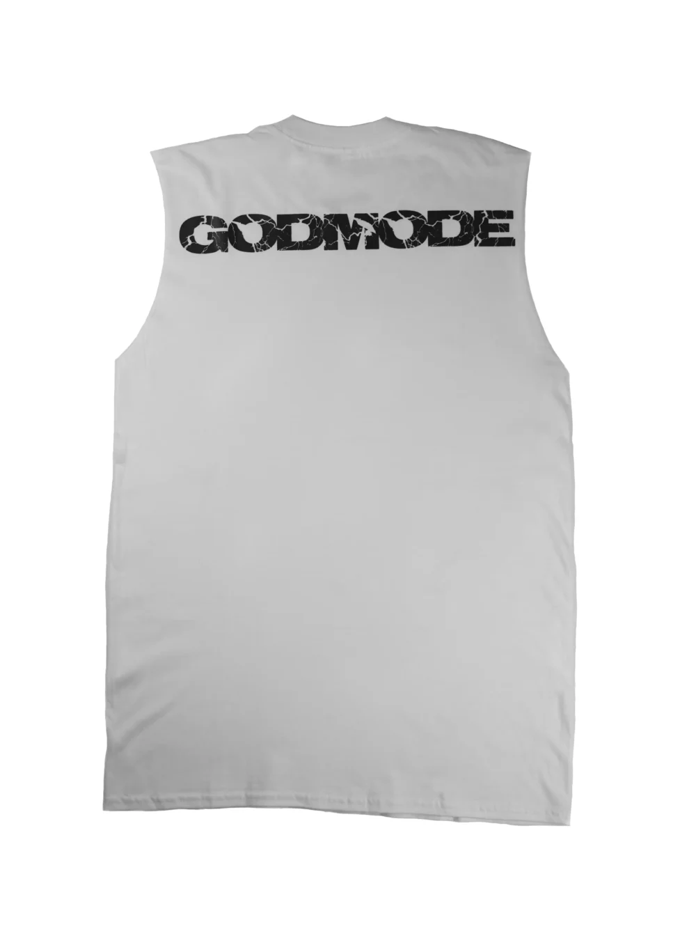 The back of the white RHSM Godmode Tank Top laid flat, showcasing the "GODMODE" graphic.