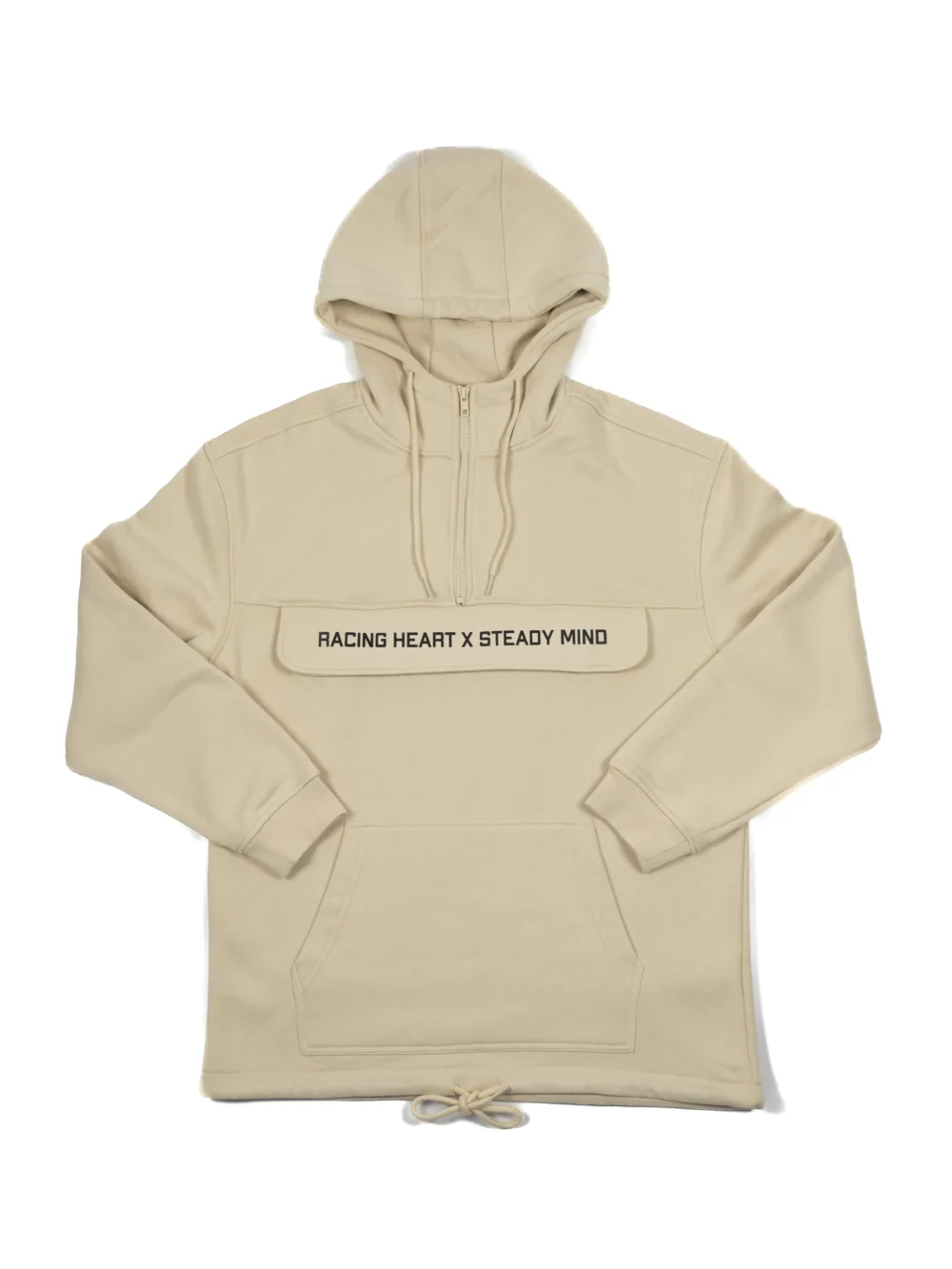 The front of the beige RHSM MVMT Hoodie laid flat, showing its clean design and spacious front pocket.