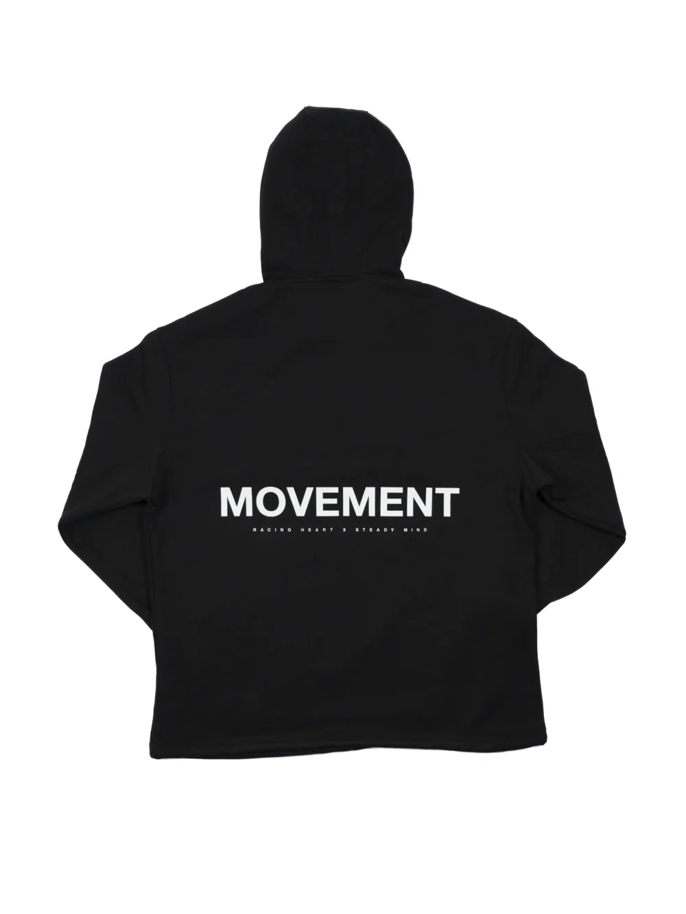 The back of the black RHSM MVMT Hoodie laid flat to display the full "MOVEMENT" screen-printed graphic.