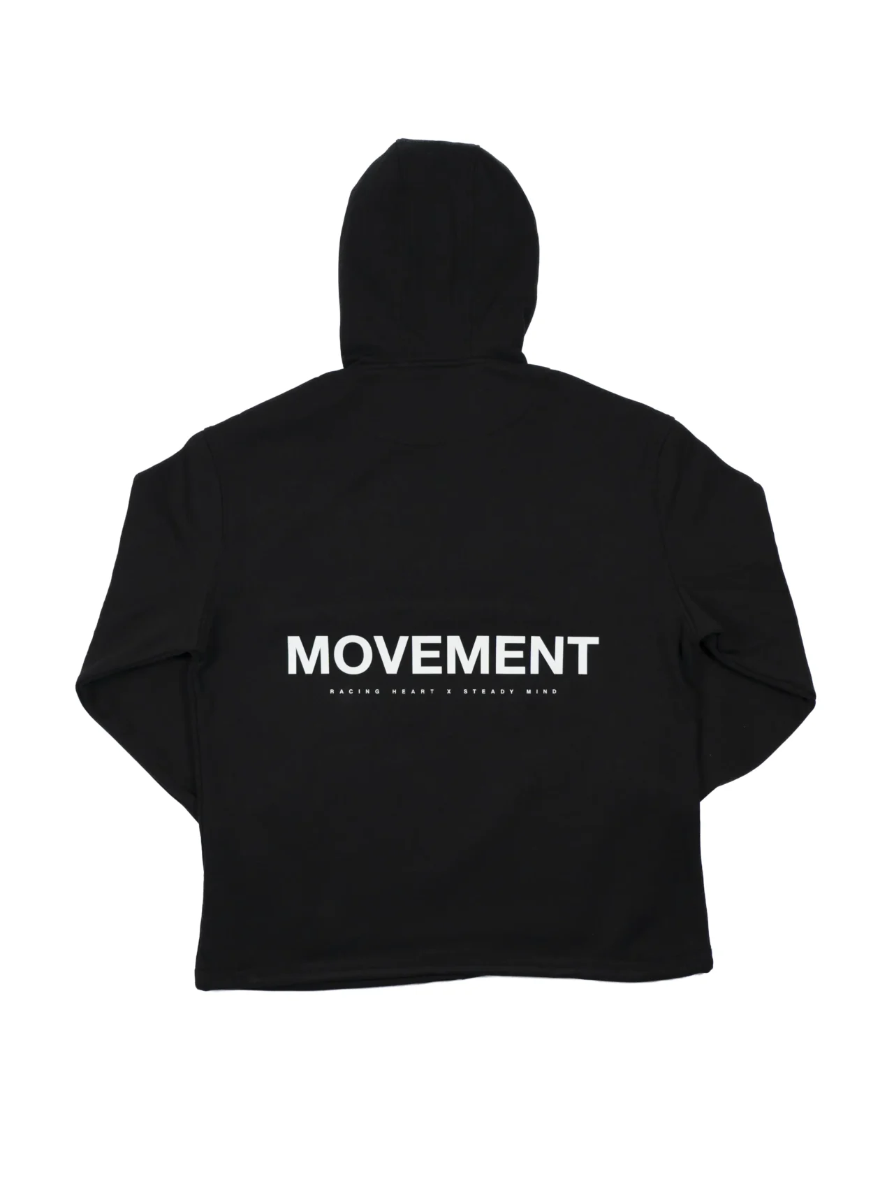 The back of the black RHSM MVMT Hoodie laid flat to display the full "MOVEMENT" screen-printed graphic.