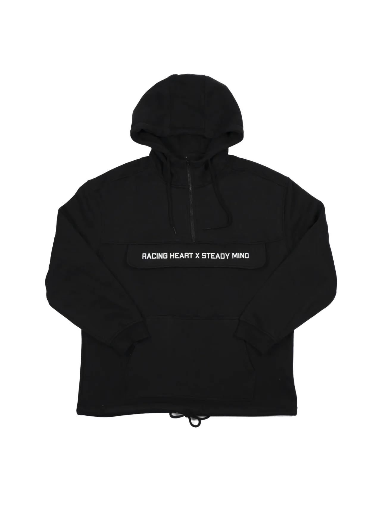 The front of the black RHSM MVMT Hoodie laid flat, showing the front pocket and premium heavyweight fabric.
