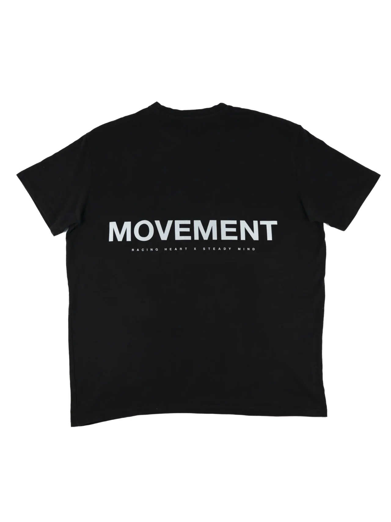 The back of the black RHSM Movement oversized tee laid flat, showcasing the minimalist back print graphic.