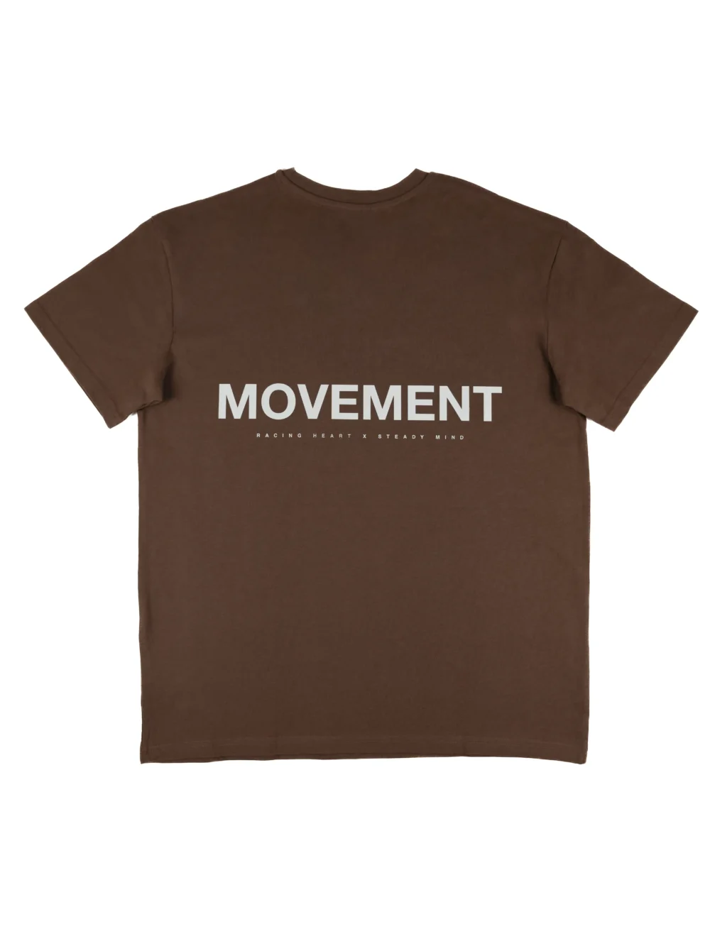 The back of the brown RHSM Movement oversized tee laid flat, showcasing the minimalist back print graphic.