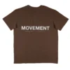 The back of the brown RHSM Movement oversized tee laid flat, showcasing the minimalist back print graphic.