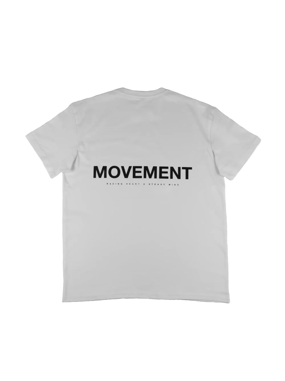 The back of the white RHSM Movement oversized tee laid flat, showcasing the minimalist back print graphic.