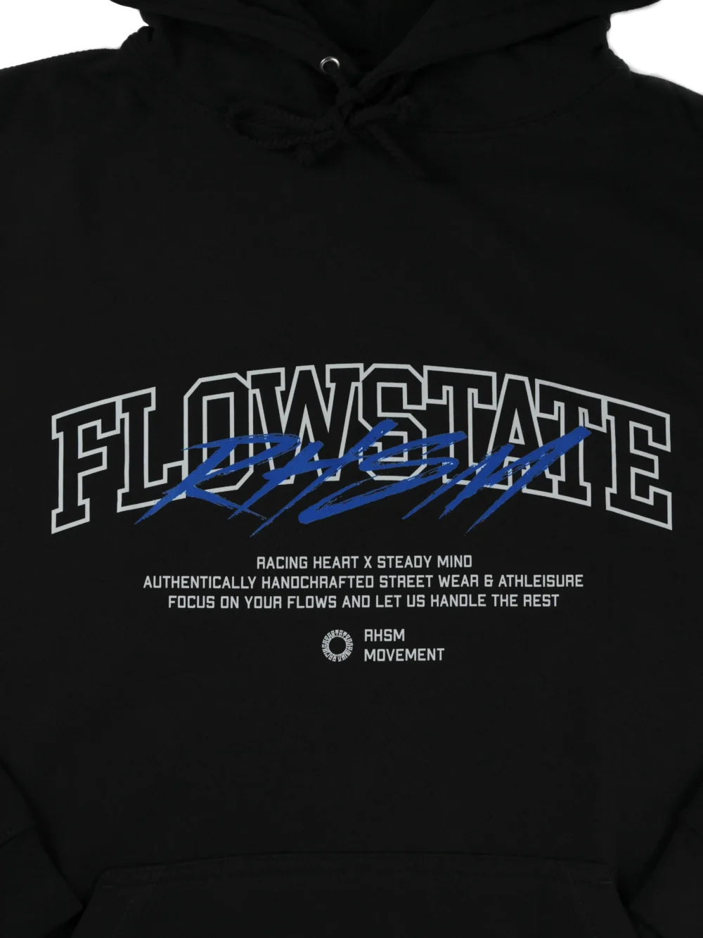 Detailed close-up shot of the unique design on the chest of the black RHSM Flowstate Hoodie.