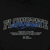 Detailed close-up shot of the unique design on the chest of the black RHSM Flowstate Hoodie.