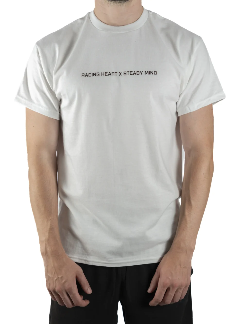 Front view of a model wearing the white RHSM Classic Fit Tee, highlighting its classic, athletic fit.