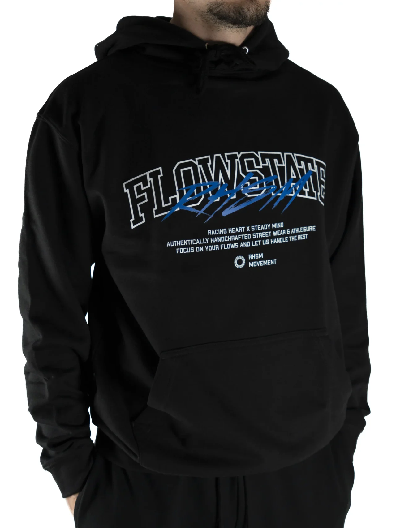 Model wearing the black RHSM Flowstate Hoodie, designed for calisthenics and street workout.