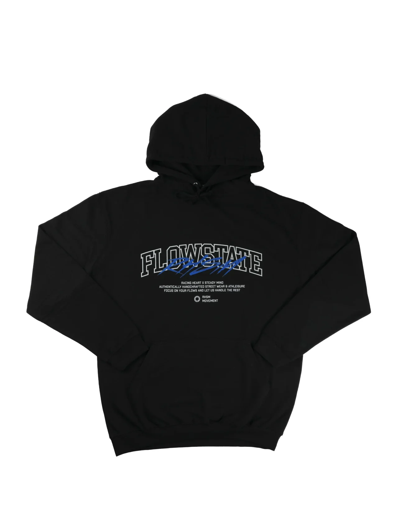 The black RHSM Flowstate calisthenics hoodie laid flat to showcase the full design and thick cotton blend fabric.