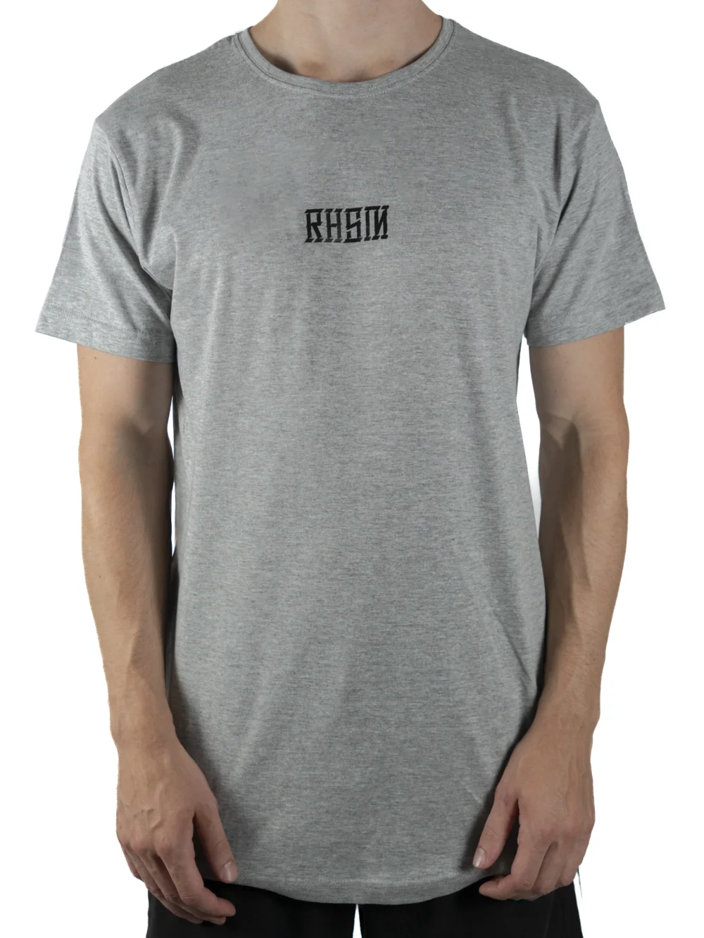 Front view of a model wearing the gray RHSM Long Fit Tee V2, highlighting its relaxed long fit.