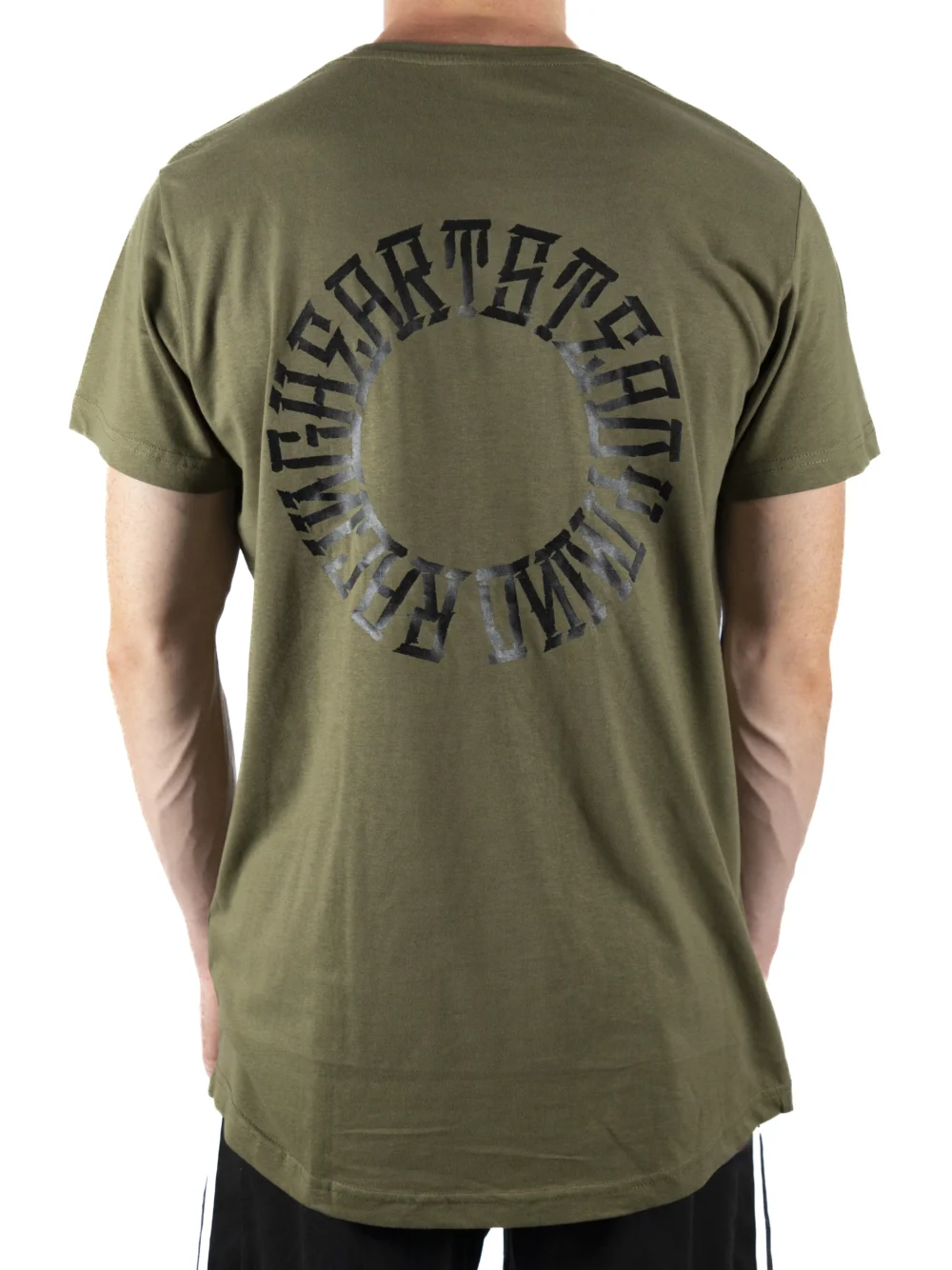 Back view of a model wearing the khaki RHSM Long Fit Tee V2, showing the "Racing Heart Steady Mind" graphic.