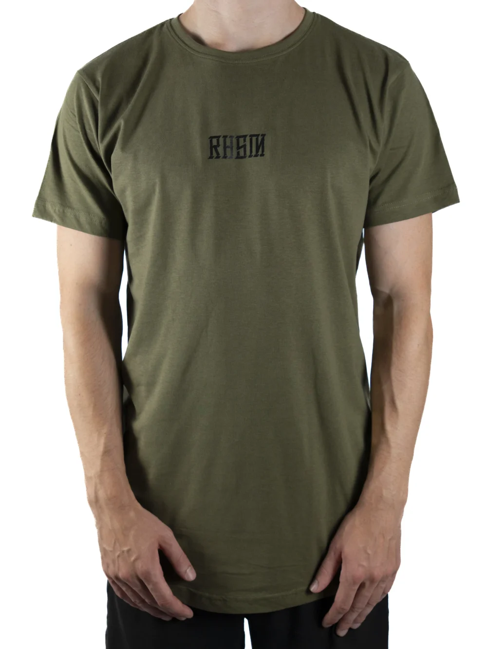 Front view of a model wearing the khaki RHSM Long Fit Tee V2, highlighting its relaxed long fit.